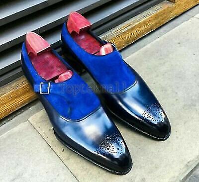 Handmade Men's Leather Blue Suede Plain Single Monk Strap Dress Monk Shoes-819