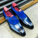 Handmade Men's Leather Blue Suede Plain Single Monk Strap Dress Monk Shoes-819
