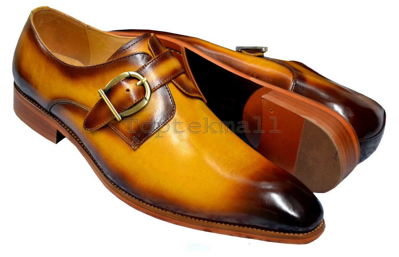Handmade Men's Leather Tan Brown New Classic Single Monk Strap Stylish Shoes-783