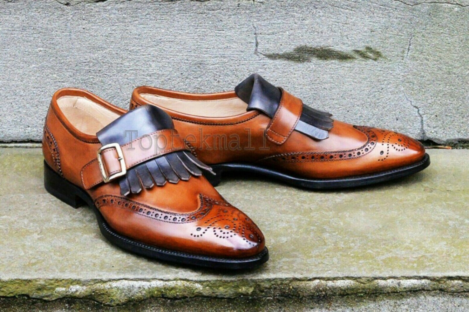 Handmade Men's Leather Super Stylish Tan Patina Monk Style Custom Made Shoes-452