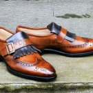Handmade Men's Leather Super Stylish Tan Patina Monk Style Custom Made Shoes-452