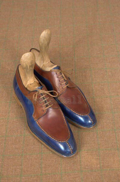 Handmade Men's Leather Oxfords Wingtip Blue Brown Apron Split Toe New Shoes-423