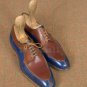 Handmade Men's Leather Oxfords Wingtip Blue Brown Apron Split Toe New Shoes-423