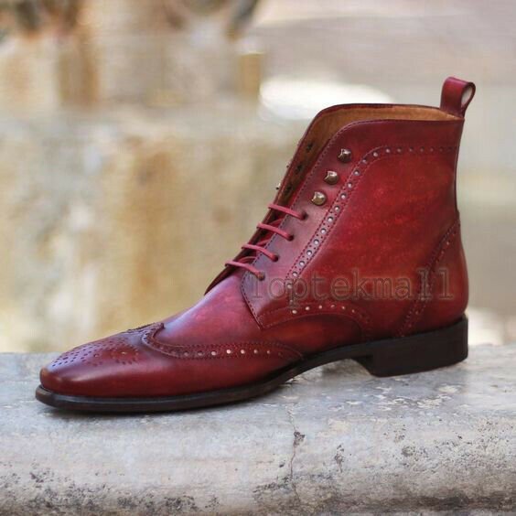 Handmade Men's Leather Rounded Toe Maroon Wingtip High Ankle Lace Up Boots-953