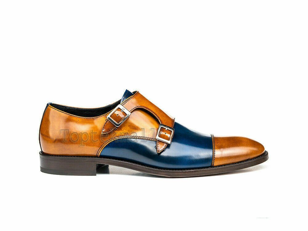 Handmade Men's Leather Two Tone Patina Tan Blue Double Monk custom shoes-861