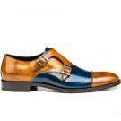 Handmade Men's Leather Two Tone Patina Tan Blue Double Monk custom shoes-861
