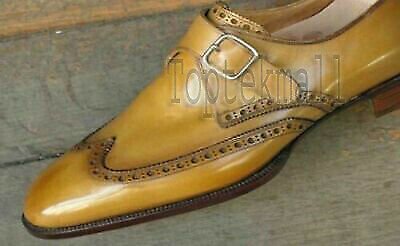 Handmade Men's Leather Tan Wingtip Single Monk Buckle Strap Dress Shoes-439