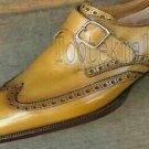Handmade Men's Leather Tan Wingtip Single Monk Buckle Strap Dress Shoes-439