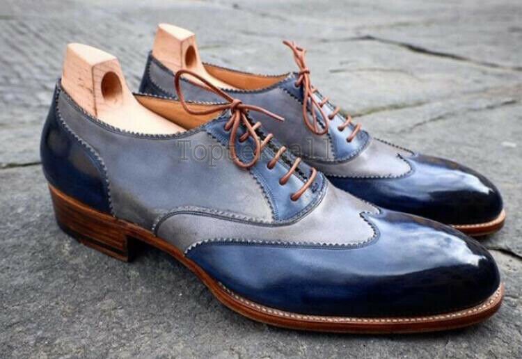 Handmade Men's Leather Oxfords Wingtips Blue Gray Custom Made Brogue Shoes-765