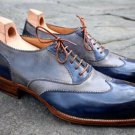 Handmade Men's Leather Oxfords Wingtips Blue Gray Custom Made Brogue Shoes-765
