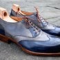 Handmade Men's Leather Oxfords Wingtips Blue Gray Custom Made Brogue Shoes-765