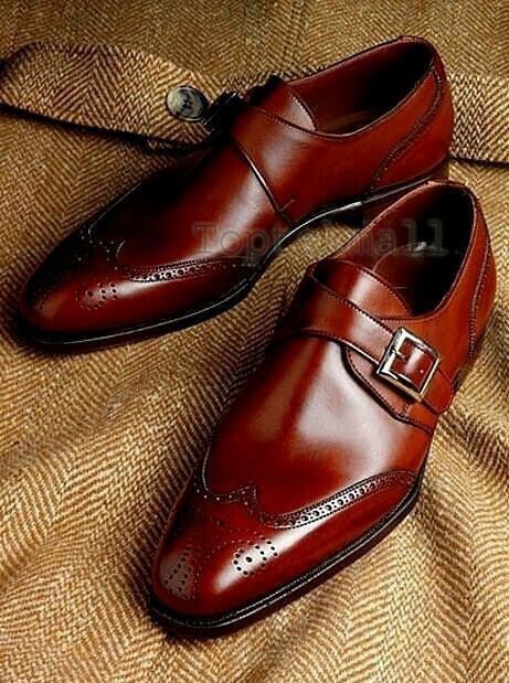 Handmade Men's Leather Brown Single Buckle Monk Straps Formal Stylish Shoes-936
