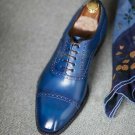 Handmade Men's Leather Oxford Blue Pointed Cap Toe Lace Up Stylish Shoes-794