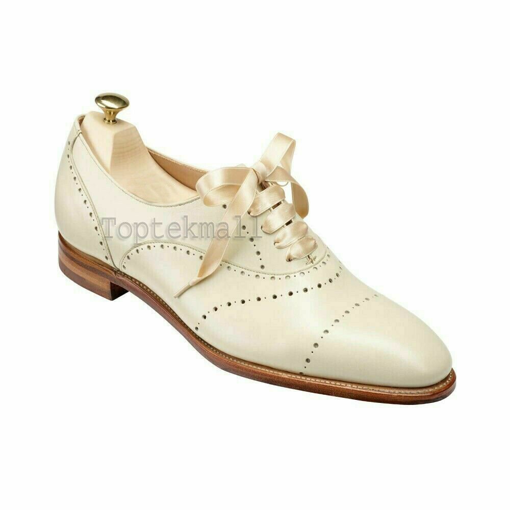 Handmade Women's Leather White Oxford Brogue Lace-Up Ribbon Shoes-907