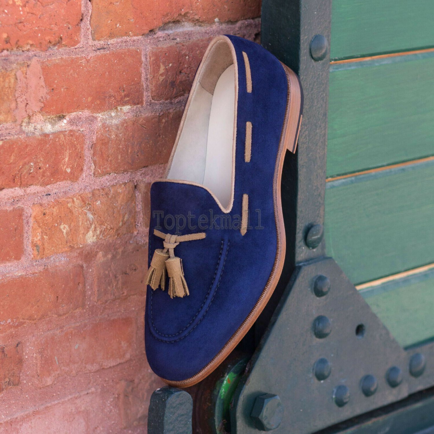Handmade Men's Leather Blue Suede Tassel Loafers Custom Made Slip on Shoes-522