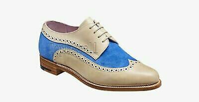Handmade Women's Leather White & Blue Suede Oxford Brogue Wingtip Shoes-908