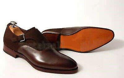 Handmade Men's Leather & Suede Plain Formal Single Monk Buckle Strap Shoes-582