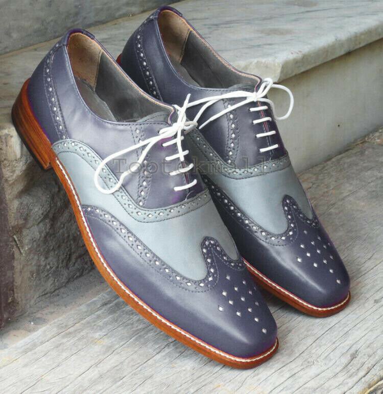 Handmade Men's Leather Oxfords Two Tone Blue Classic Whole cut  custom shoes-903