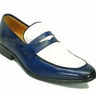 Handmade Men's Leather Patina Blue and White Loafers Slip Ons Custom shoes-793