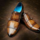 Handmade Men's Leather Patina Monk Straps custom made dress shoes-894