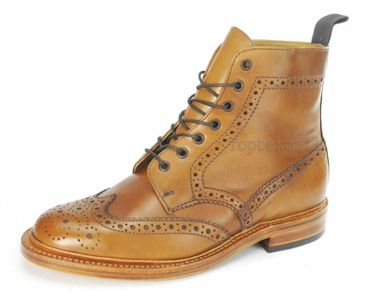 Handmade Men's Leather Tan Formal Derby Brogue Ankle Cognac Wingtip Boots-940