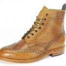 Handmade Men's Leather Tan Formal Derby Brogue Ankle Cognac Wingtip Boots-940