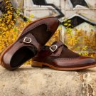 Handmade Men's Leather Formal Dress Premium Brown Color Monk Buckle Shoes-935