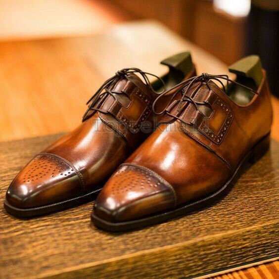 Handmade Men's Leather Oxfords Wingtip Cognac Brogue Lace Up Dress Shoes-892