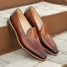 Handmade Men's Leather Brown Patina Whole Cut Loafers Custom Made Shoes-451