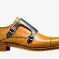 Handmade Men's Leather Genuine Tan & Blue Two Tone Double Monk Toe Cap Shoes-930