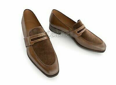 Handmade Men's Leather Brown Two Tone Tan Suede Loafers Custom Shoes-776
