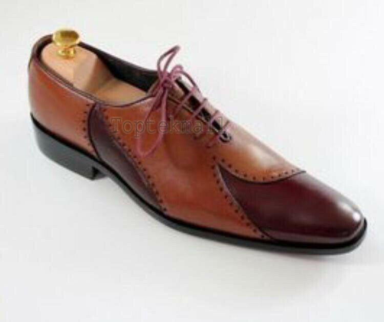 Handmade Men's Leather Oxfords Two Tone Brown  and Red Lace-Up Formal Shoes-931