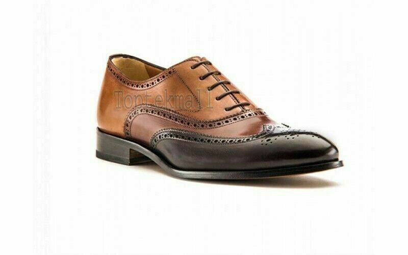Handmade Men's Leather Brogues Brown Oxfords custom made Two Tone Shoes-898