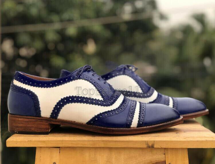 Handmade Men's Leather Oxfords Wingtip Two Tone Casual Fashion lace up Shoes-739