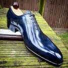Handmade Men's Leather Oxford Shiny Blue Plain Rounded Burnished Toe  Shoes-810