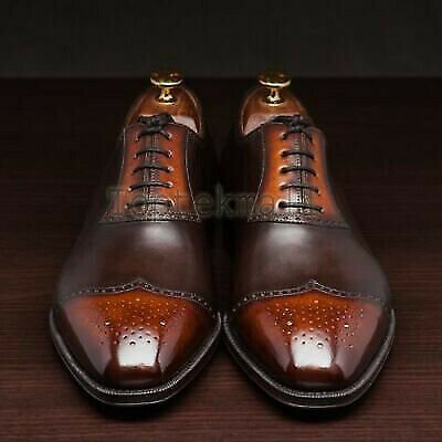 Handmade Men's Leather Oxfords Simple Brogue Lace Up Shaded Wingtip Shoes-350