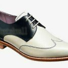 Handmade Women's Leather Two Tone White & Black Wingtip Derby Shoes-911