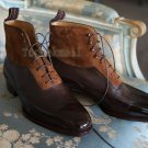 Handmade Men's Leather Tan & Brown Suede Ankle High Derby Rounded Toe Boots-891