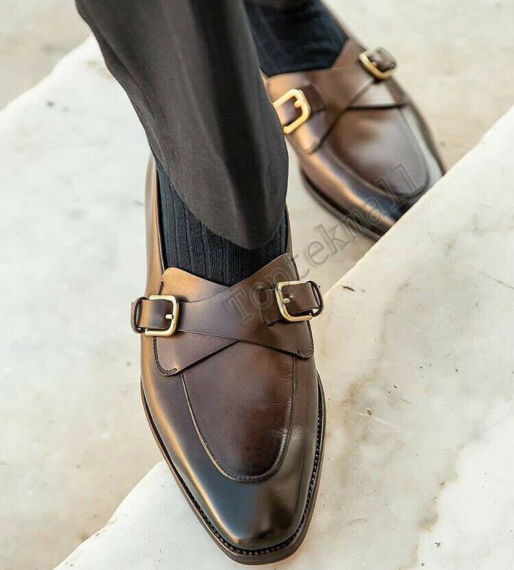 Handmade Men's Leather Double Monk Straps Two Tone Brown Formal Shoes-130