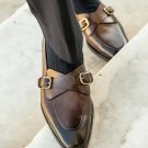 Handmade Men's Leather Double Monk Straps Two Tone Brown Formal Shoes-130