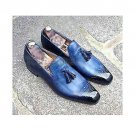 Handmade Men's Leather Genuine Tassel Loafer Slip Ons Party Wear Blue Shoes-681