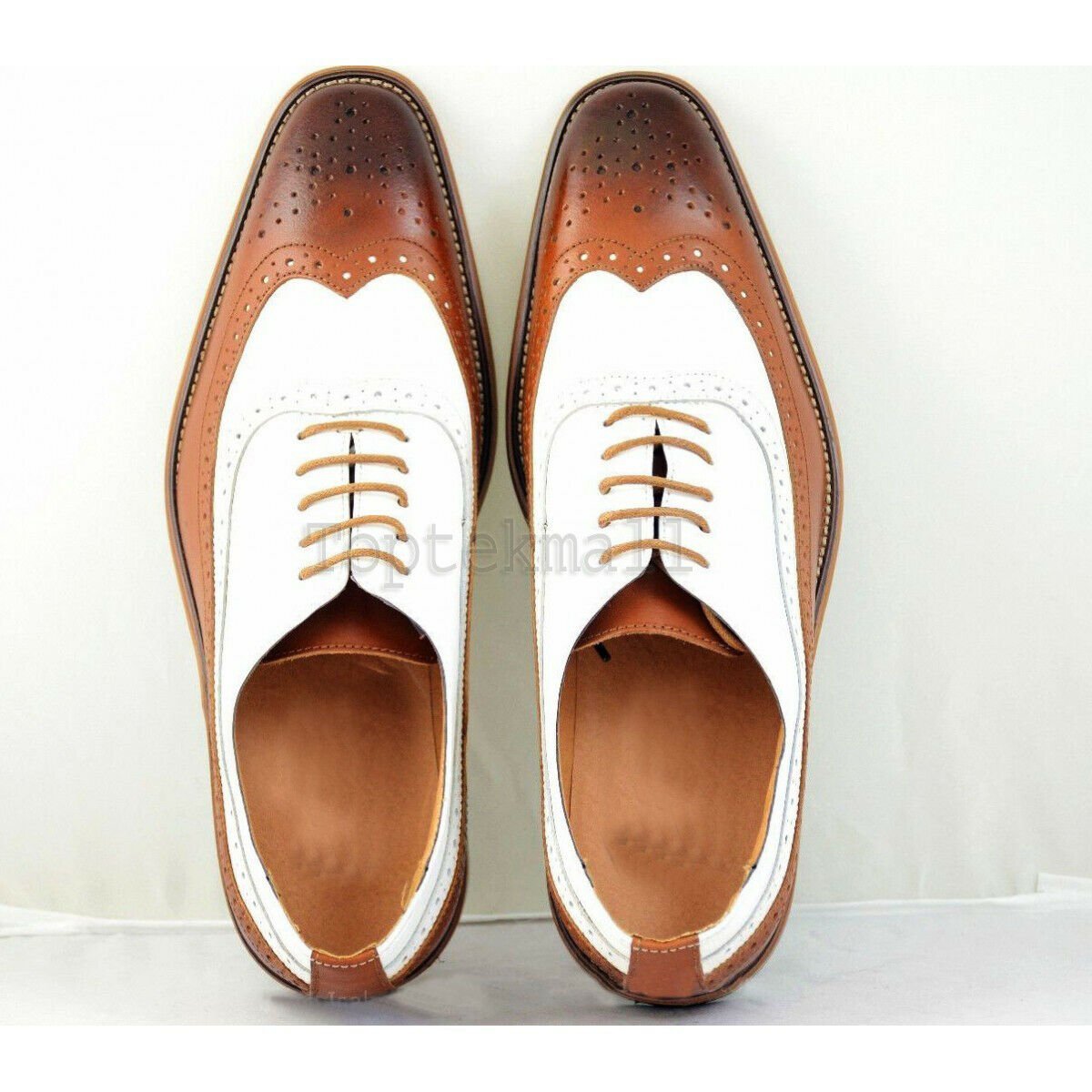 Handmade Men's Leather Two Tone Brogues Brown & White Oxfords Custom Shoes-830