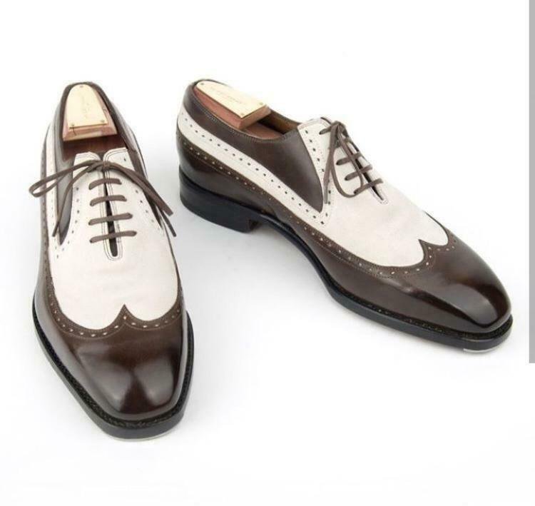Handmade Men&acirc;��s Leather Oxfords Wingtip Two Tone Formal White Brown Shoes-525