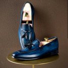 Handmade Men's Leather Dress New Blue Color Tussles Slip On Loafer Shoes-474