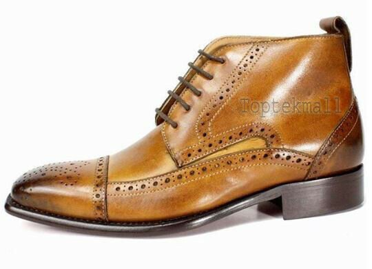 Handmade Men's Leather Two Tone brown Tan lace up Ankle High Formal Boots-925