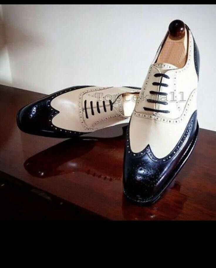 Handmade Men's Leather Oxfords Two Tone wing tip  Black White Lace Up Shoes-233