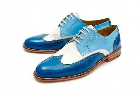 Handmade Men&acirc;��s Leather Oxfords Wingtip Two Tone Blue White Plain Dress Shoes-790