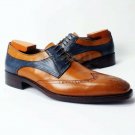 Handmade Men’s Leather Oxford Wingtip Blue Brown Two Tone Formal Dress Shoes-572