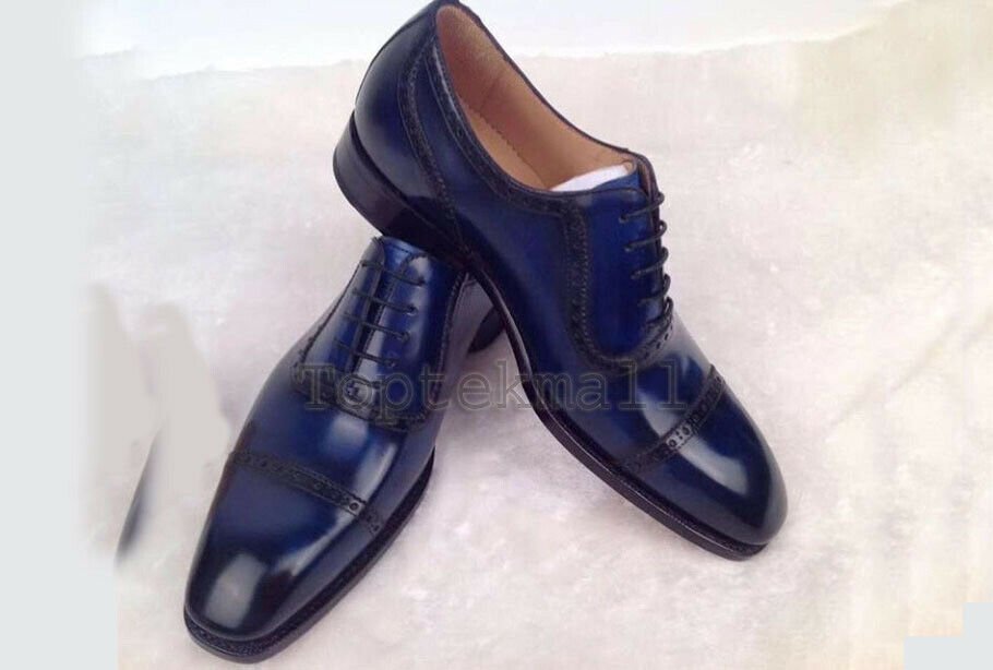 Handmade Men&acirc;��s Leather Oxfords Wingtip Navy Color Cap Toe Dress LaceUp Shoes-425