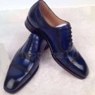Handmade Men’s Leather Oxfords Wingtip Navy Color Cap Toe Dress LaceUp Shoes-425